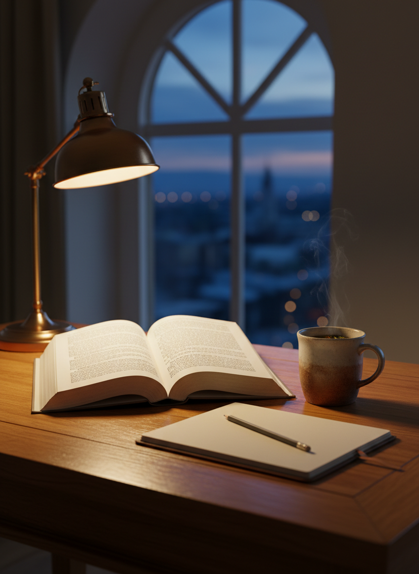 A sturdy wooden reading desk with a smooth, honey-colored surface, neatly arranged with an open, linen-bound philosophy book whose pages are filled with dense, finely printed text. Beside it lies a simple ceramic mug of herbal tea, faint steam rising, and a slim graphite pencil resting diagonally across a notebook. The desk stands near a tall window, overlooking a blurred cityscape at dusk. Soft, diffused evening light and a warm desk lamp combine to create gentle highlights on the paper and subtle shadows along the grain of the wood. Photographic realism with a calm, contemplative mood, shot at eye level with a shallow depth of field, emphasizing quiet, careful thought and moral reflection.