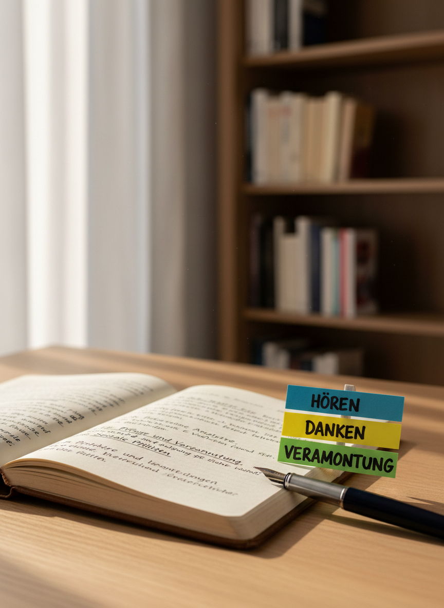A well-worn leather-bound notebook lying open on a light oak table, its cream pages filled with tidy handwritten notes and small, underlined phrases in German about care and responsibility. Next to it, three different-colored sticky notes form a careful arrangement, each bearing a single keyword like “Hören,” “Danken,” and “Verantwortung.” A polished steel fountain pen rests diagonally across the margin. The setting is a minimalist study corner with a blurred bookshelf in the background. Soft morning sunlight filters through sheer curtains, casting gentle, elongated shadows and a warm, professional atmosphere. Photographic realism, composed with the rule of thirds and a shallow depth of field to draw focus to the keywords, evoking systematic, ethical analysis.